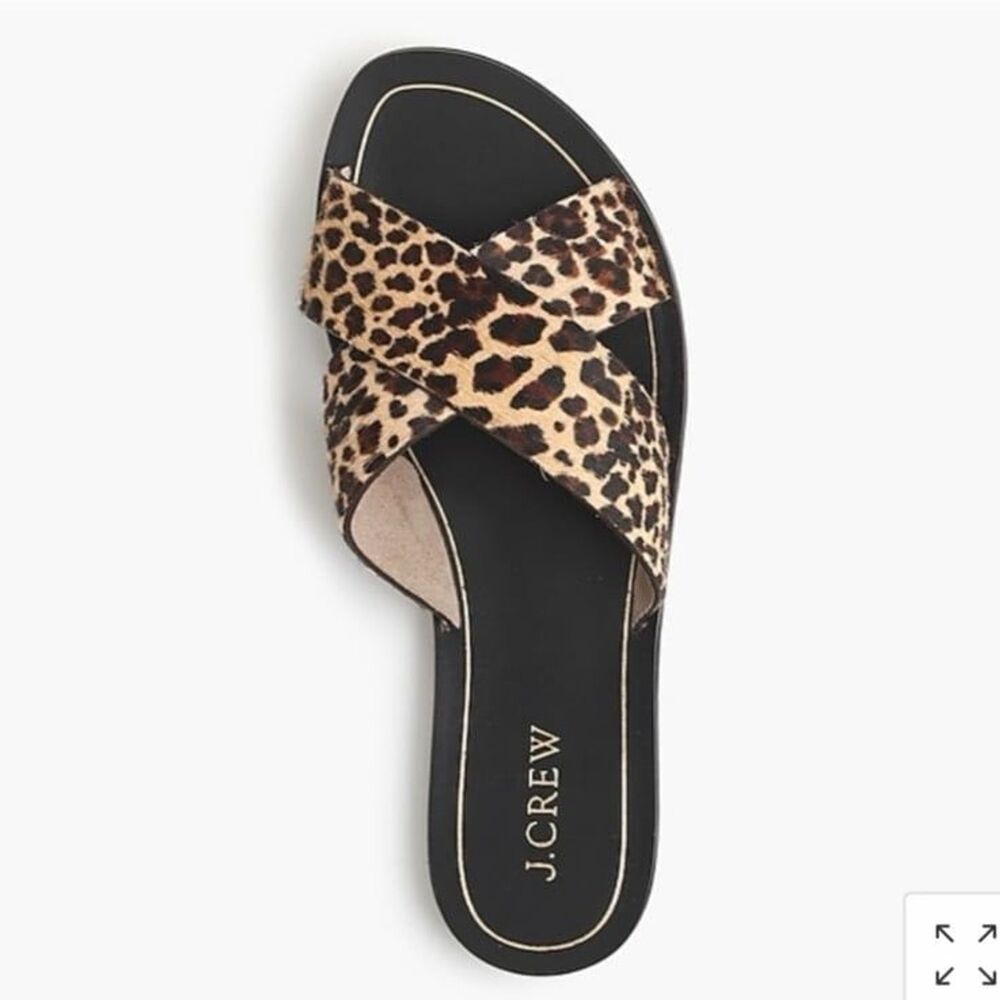 J.Crew Women's Cypress Leopard Print Calf Hair Slide Sandals Brown Black Size 6